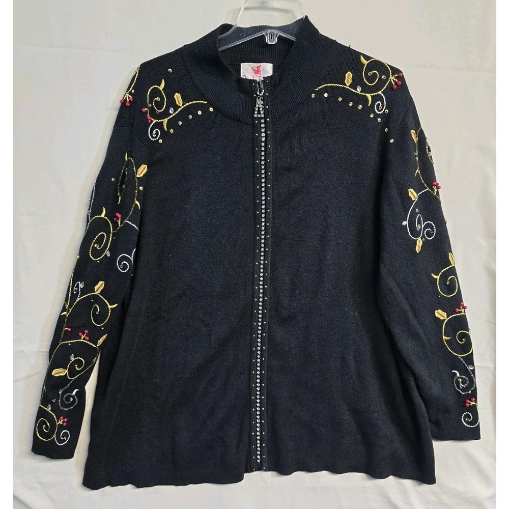 Quacker Factory Black Sequin Embroider Sweater Cardigan 2X Jewel Full Front Zip